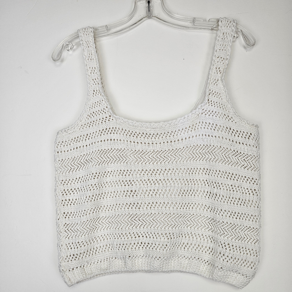 Chic Off White Crochet Tank Top Cropped Lined Sz L Cottagecore Boho Hippie